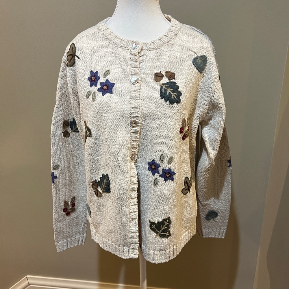 Talbots Cream Cardigan with Embroidered Floral Felt Appliqués